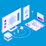 巨大なパソコンの前でネットワークについて考えている人