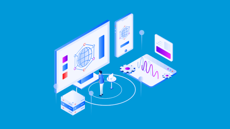 巨大なパソコンの前でネットワークについて考えている人