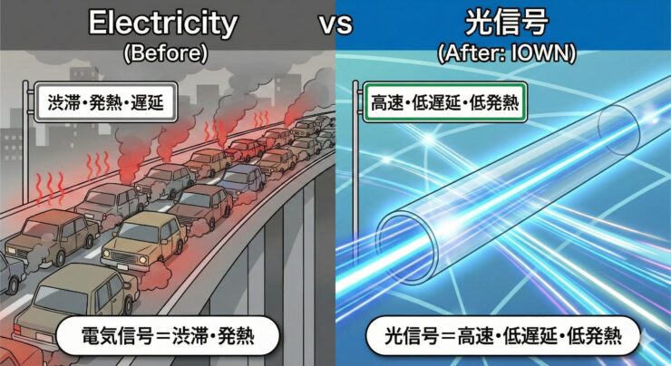 従来の電気通信とIOWNの光通信の違い。渋滞する電気信号と高速移動する光信号の比較図解。