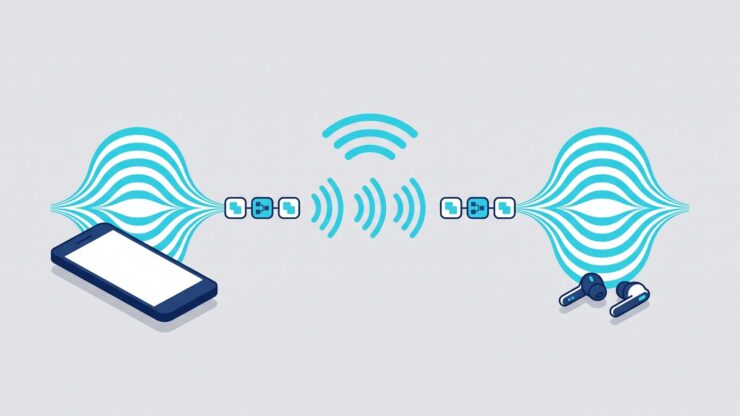 Bluetoothのコーデックの仕組み。スマートフォンで音楽を圧縮し、電波で送り、ワイヤレスイヤホンで元に戻すイメージ。