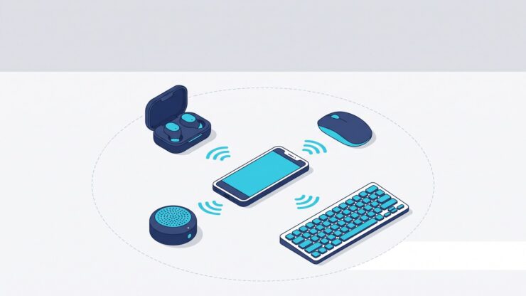 Bluetoothでつながる機器。スマートフォンを中心に、ワイヤレスイヤホン・マウス・キーボード・スピーカーがケーブルなしでつながっている。