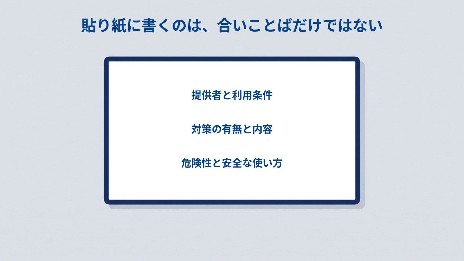 濃紺の枠で囲まれた白い横長のカードが1枚あり、その中に「提供者と利用条件」「対策の有無と内容」「危険性と安全な使い方」の3行が縦に並んでいる図。上に「貼り紙に書くのは、合いことばだけではない」と書かれている。