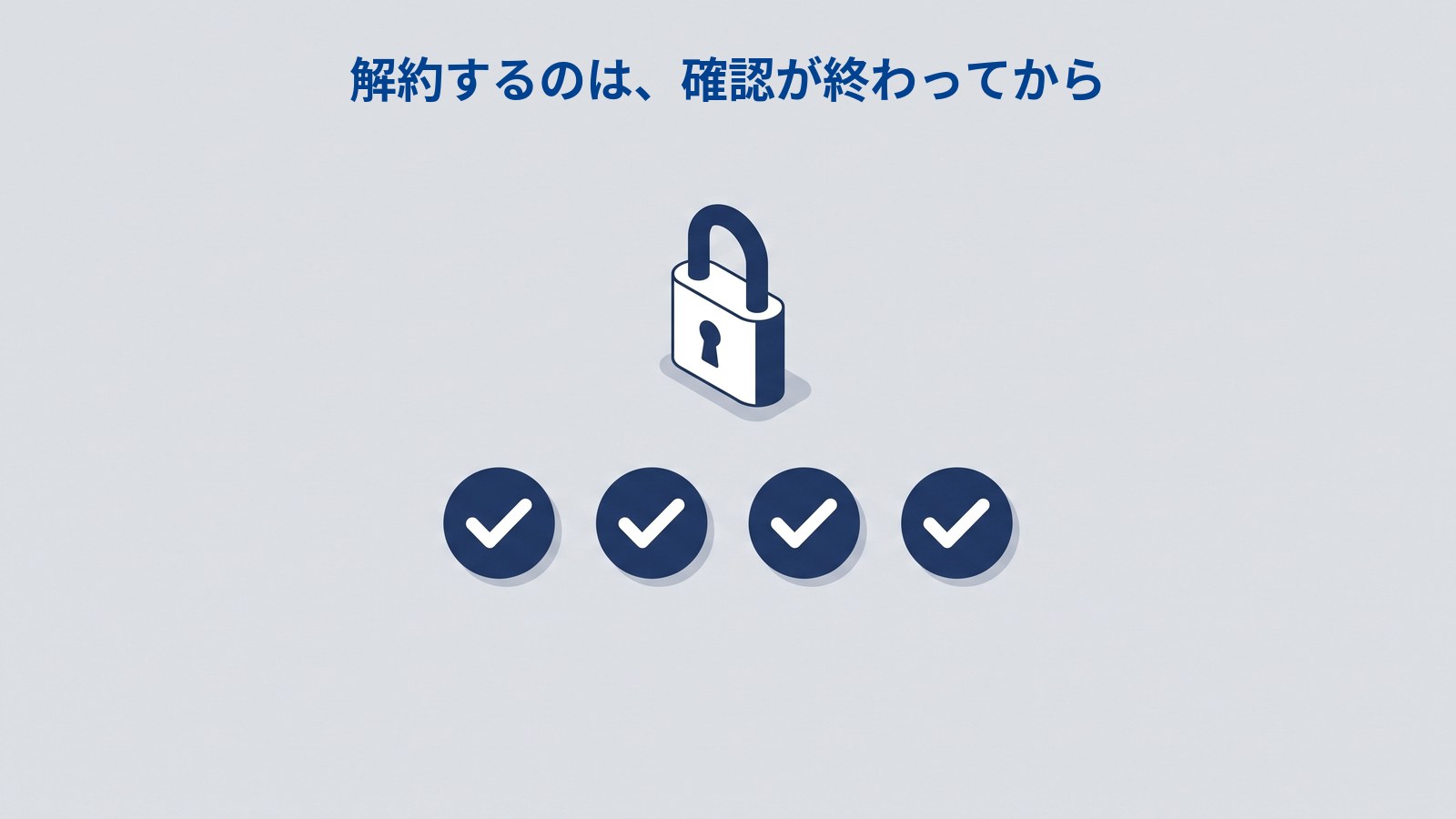 閉じた南京錠の下に、チェックマークの入った丸が4つ横一列に並んでいる図解。上に「解約するのは、確認が終わってから」と書かれている。