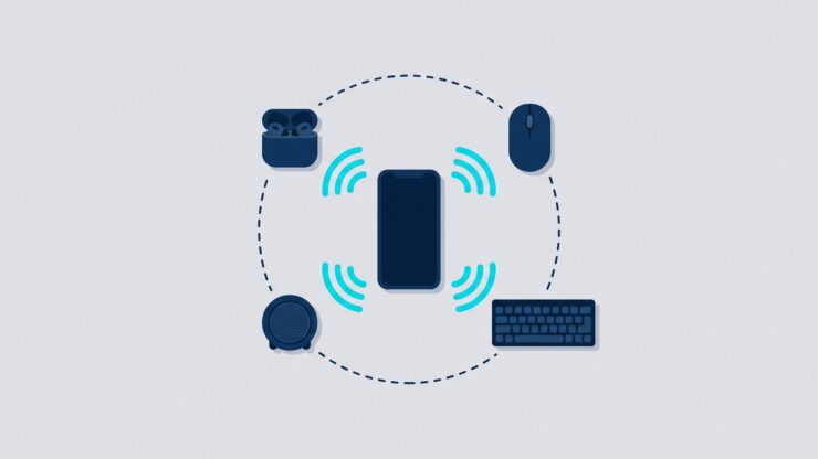 Bluetoothでつながる機器。スマートフォンを中心に、ワイヤレスイヤホン・マウス・キーボード・スピーカーがケーブルなしでつながっている。