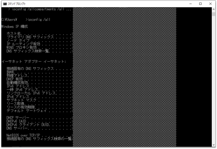 コマンドプロンプトでipconfig /allを実行した画面。ホスト名・物理アドレス・DHCP有効・リース取得・DNSサーバーなどの項目名が縦に並び、値は伏せてある